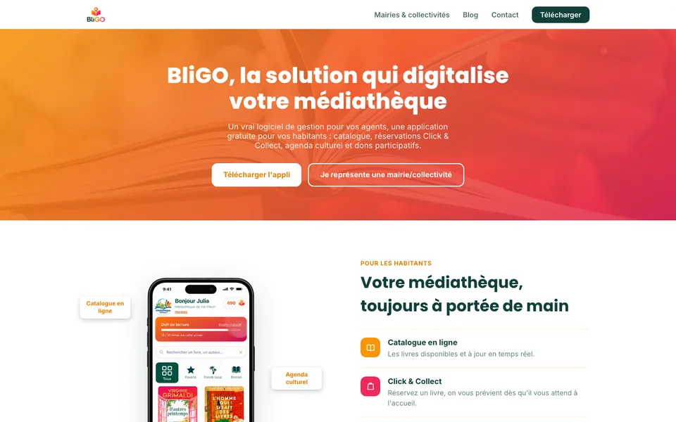 Page d'accueil du site BliGO, logiciel et application pour médiathèques
