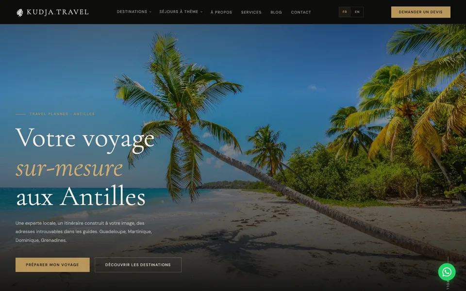 Page d'accueil du site Kudja Travel, voyages sur-mesure aux Antilles